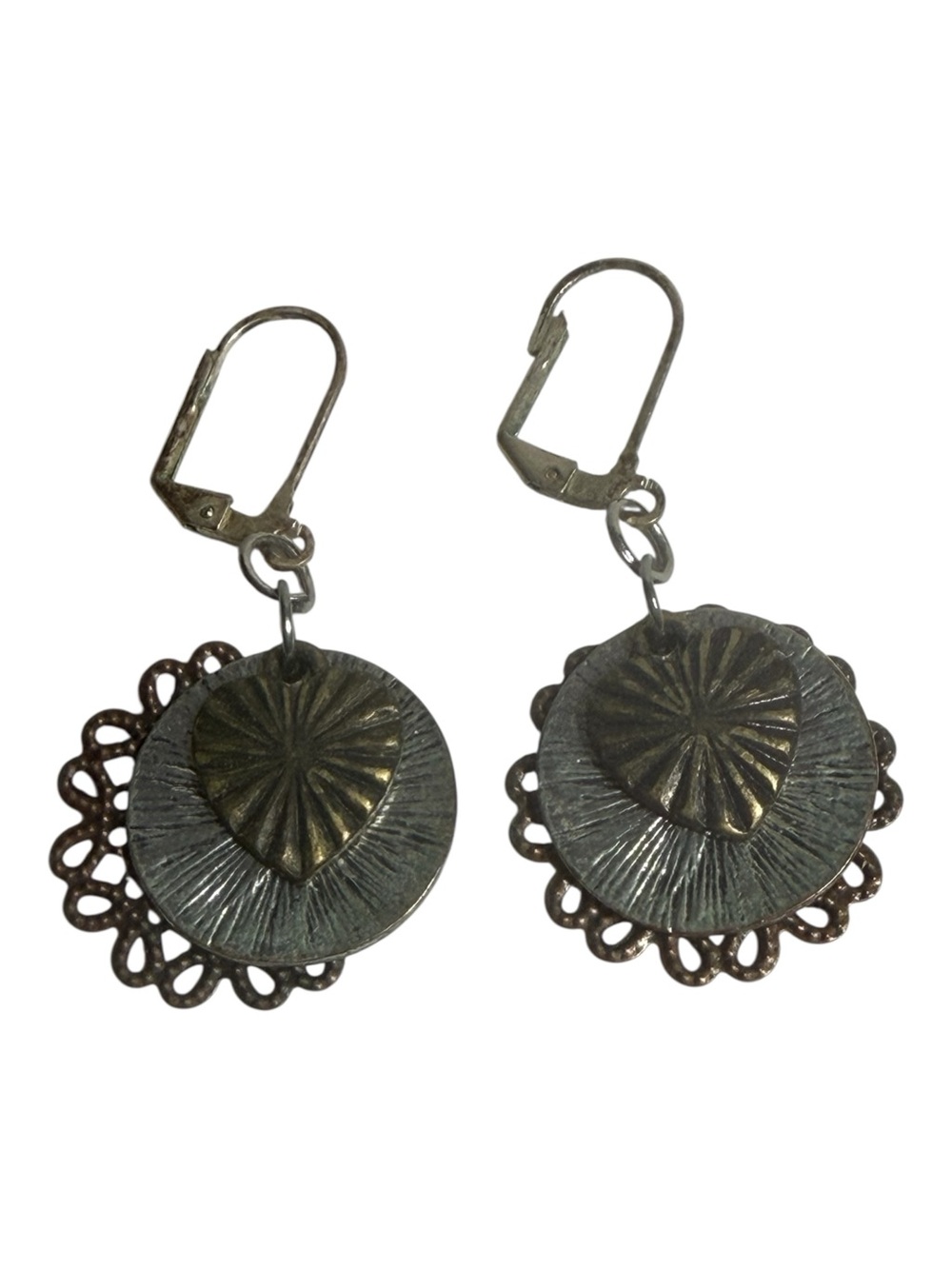 Tiered Dangle Heart Earrings Weathered Brass & Silver Tone Scalloped Filigree